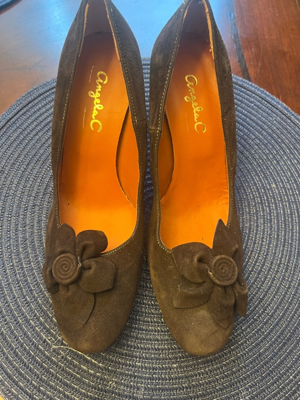 Angel Brown Suede Floral Round-Toe Pumps